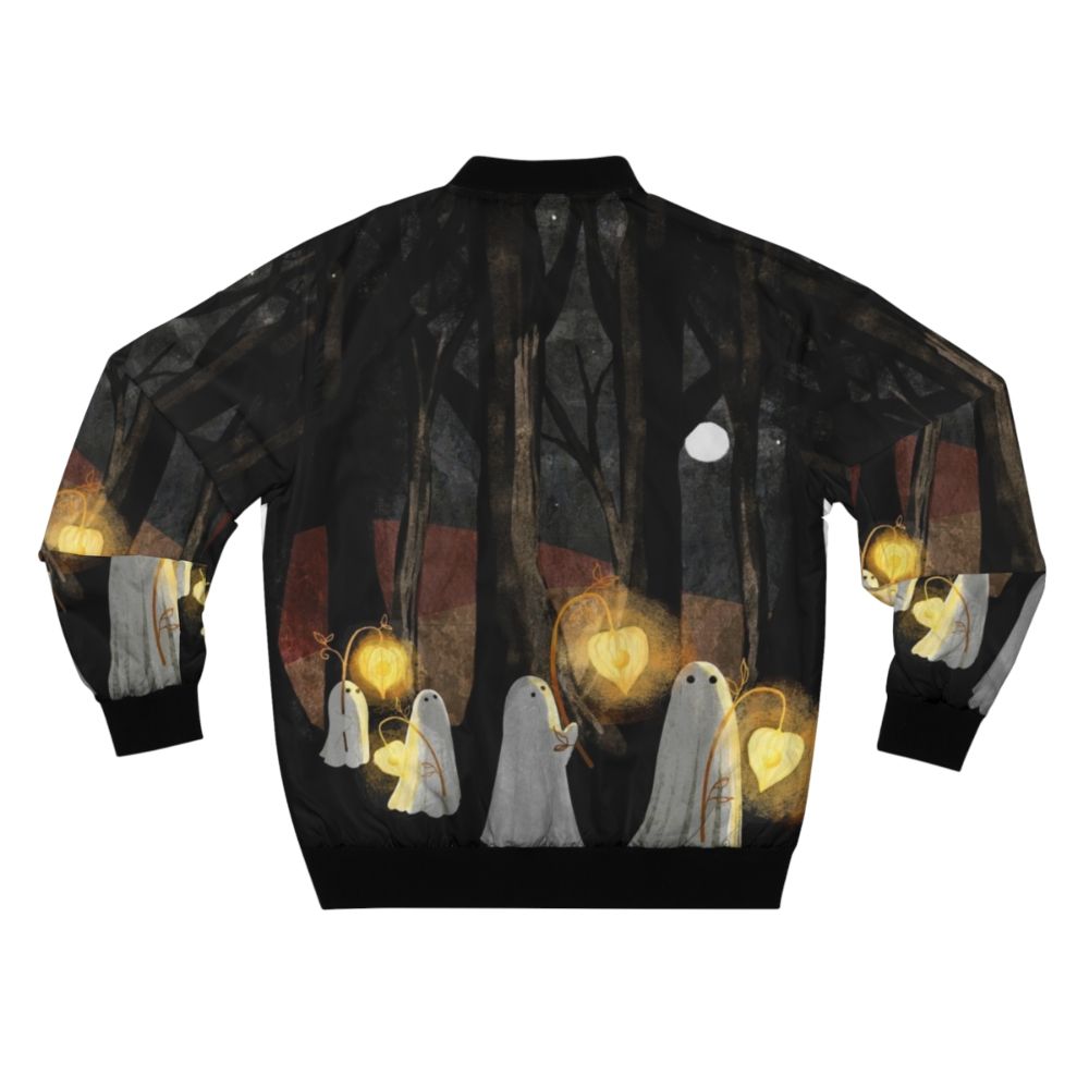 Haunted Ghost Bomber Jacket in a Spooky Forest Landscape with Glowing Lights - Back