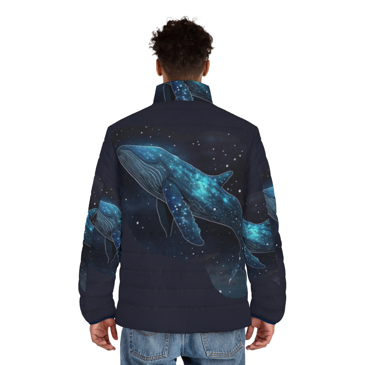 Puffer jacket featuring vibrant designs of legendary oceanic beasts and mythical sea creatures - men back