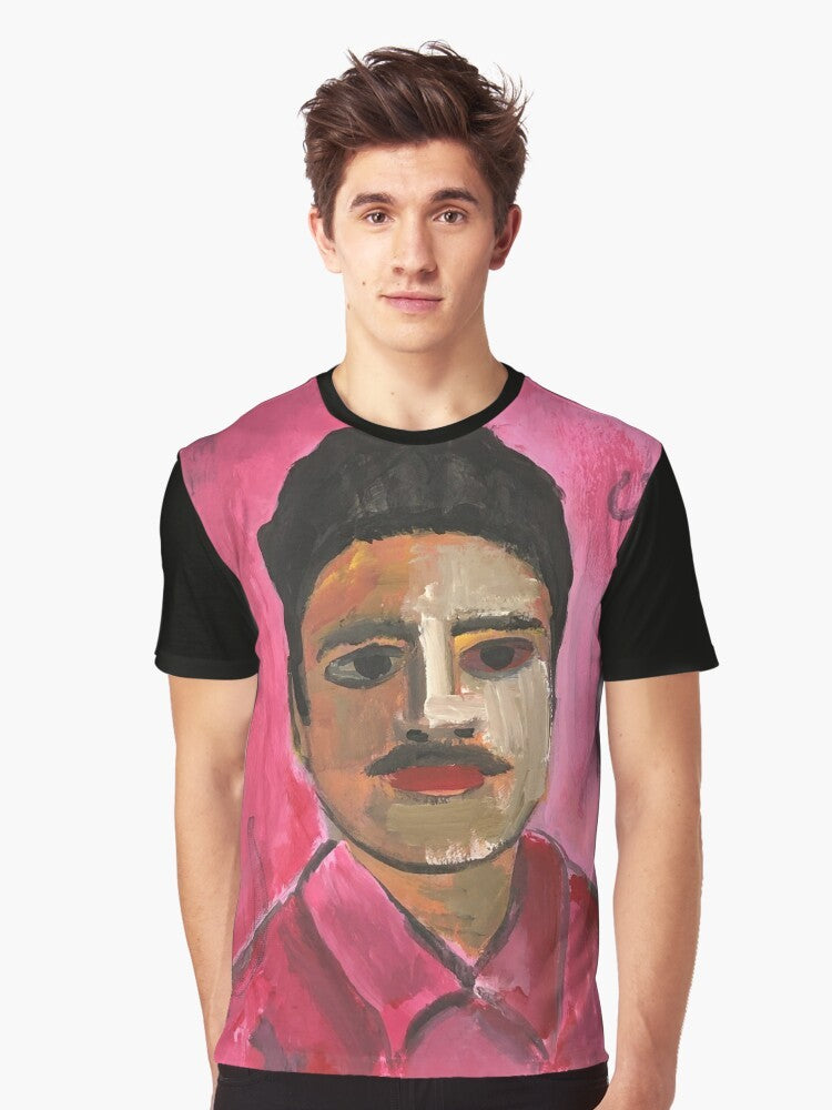 Graphic t-shirt featuring a portrait of a cowboy with a mustache, horse shoe, and impressionistic brush strokes - Men