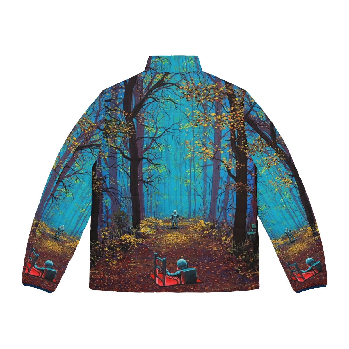 Puffer jacket featuring a space-themed, surreal, and psychedelic design - Back