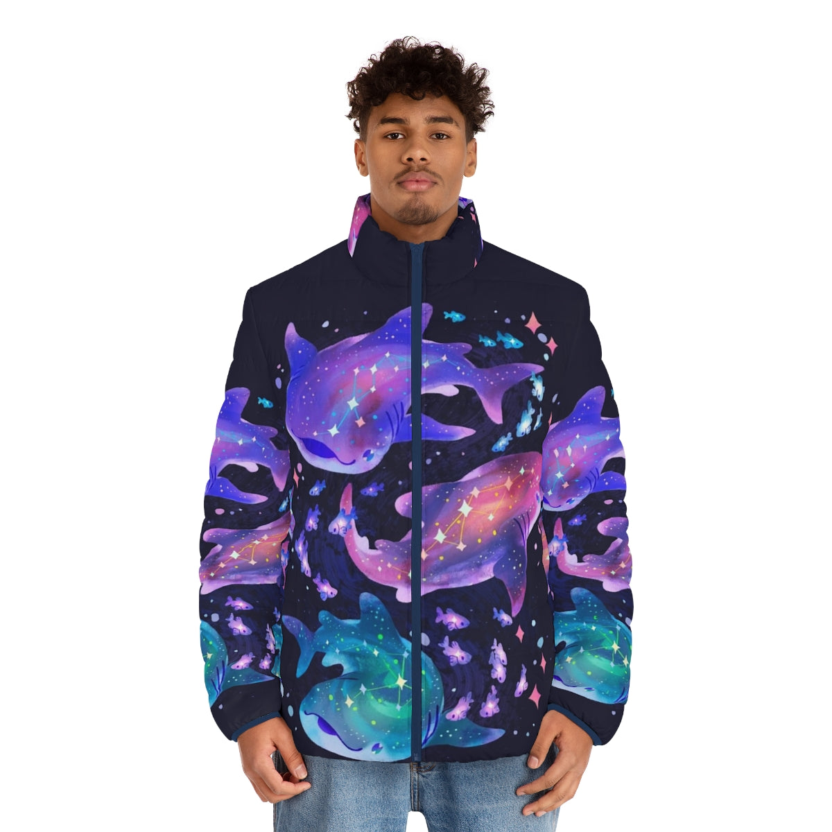 A vibrant puffer jacket featuring a cosmic whale shark design, perfect for outdoor adventures. - men front