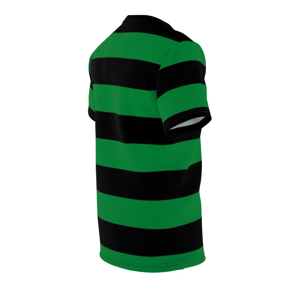 Stylish green and striped t-shirt with a unique horizontal stripe pattern design - men right