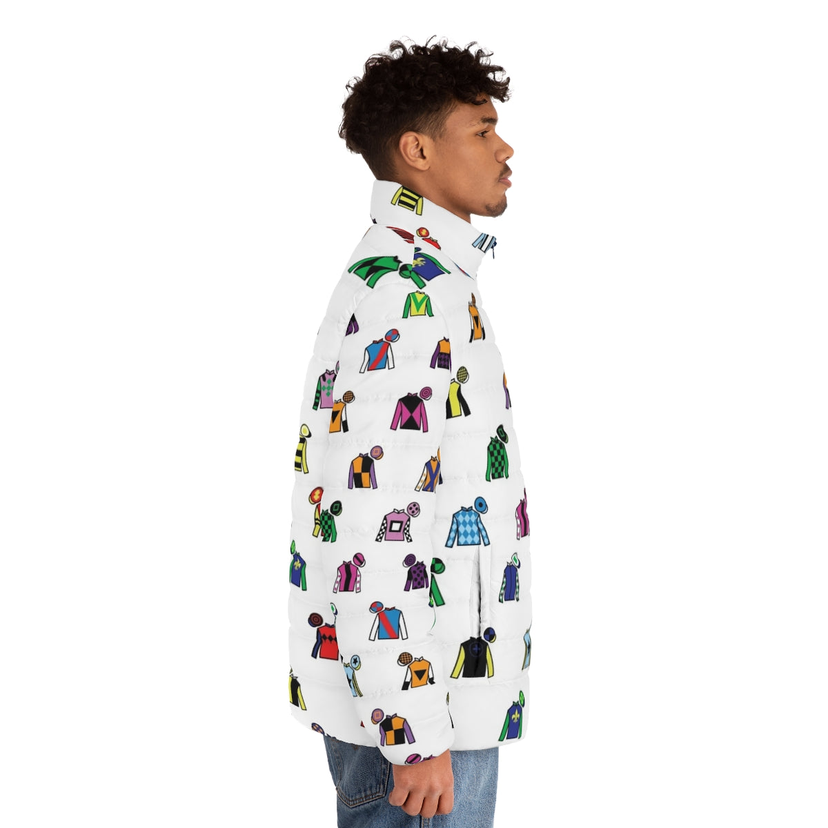 Colorful puffer jacket with horse racing jockey silks design - men side right