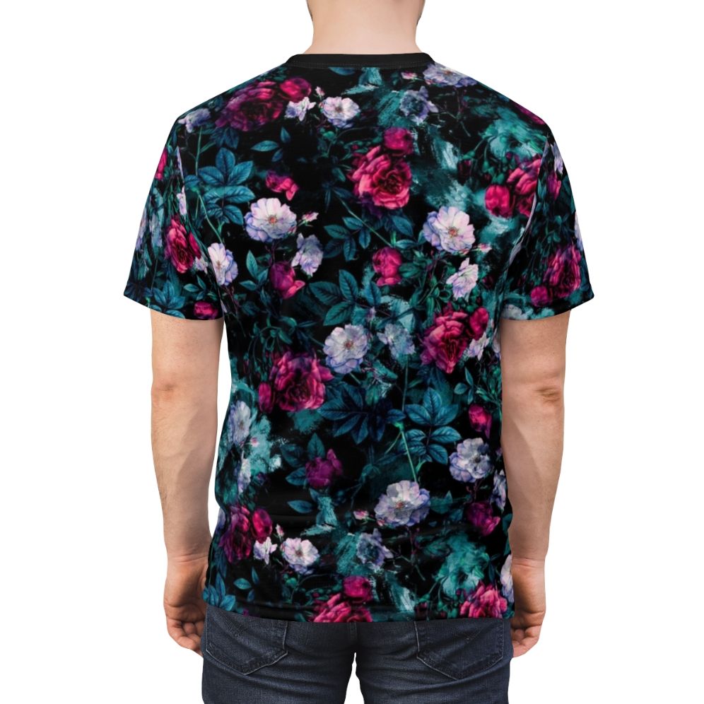 Vibrant floral abstract digital art design printed on a t-shirt - men back