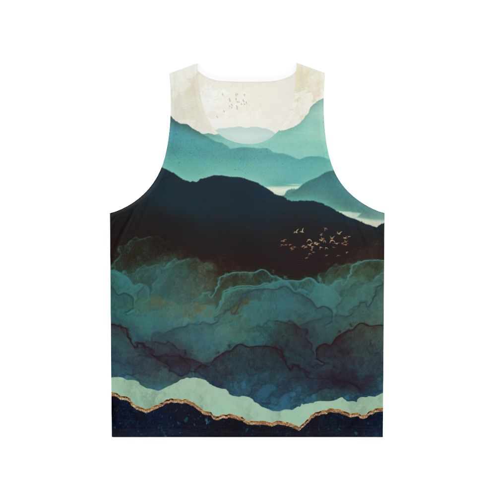 Unisex watercolor tank top with mountain landscape design