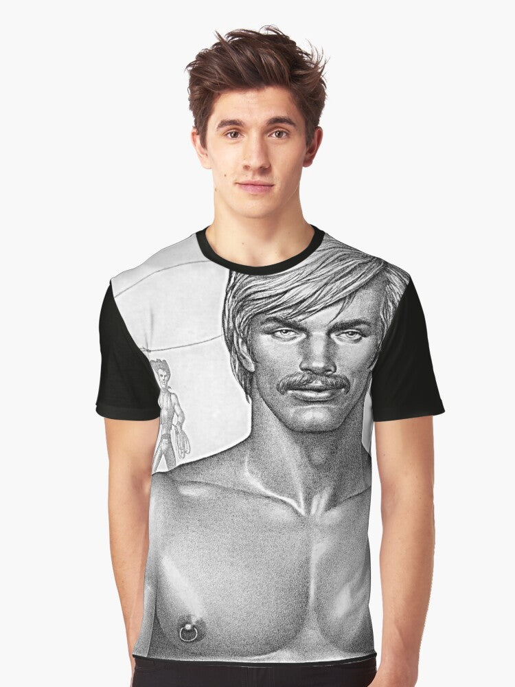 Tom of Finland "Giddy Up Cowboy" graphic t-shirt featuring a muscular gay cowboy illustration - Men