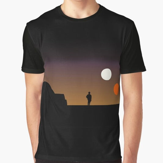 A graphic t-shirt featuring the double sunset of Tatooine from the Star Wars universe.