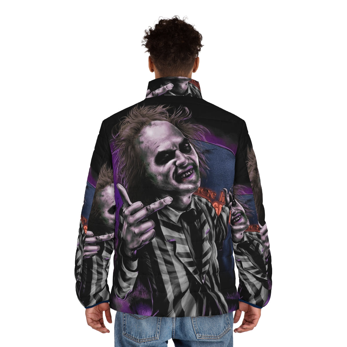 Beetlejuice-themed puffer jacket with a dark, gothic aesthetic - men back