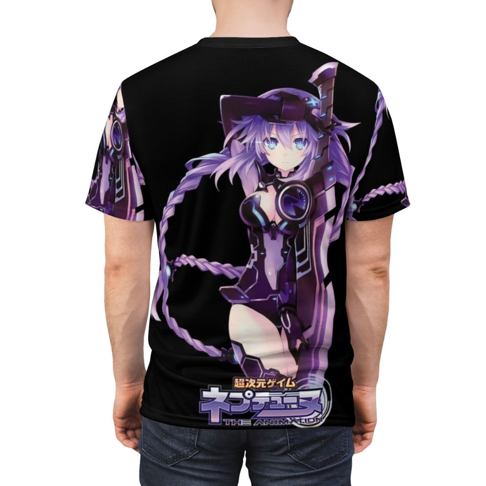 Anime-inspired t-shirt design featuring the character Purple Heart from the Hyperdimension Neptunia series, holding a glowing sword. - men back