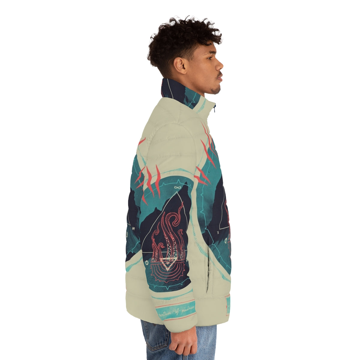 Puffer jacket with Lovecraft-inspired mountain and occult design - men side right