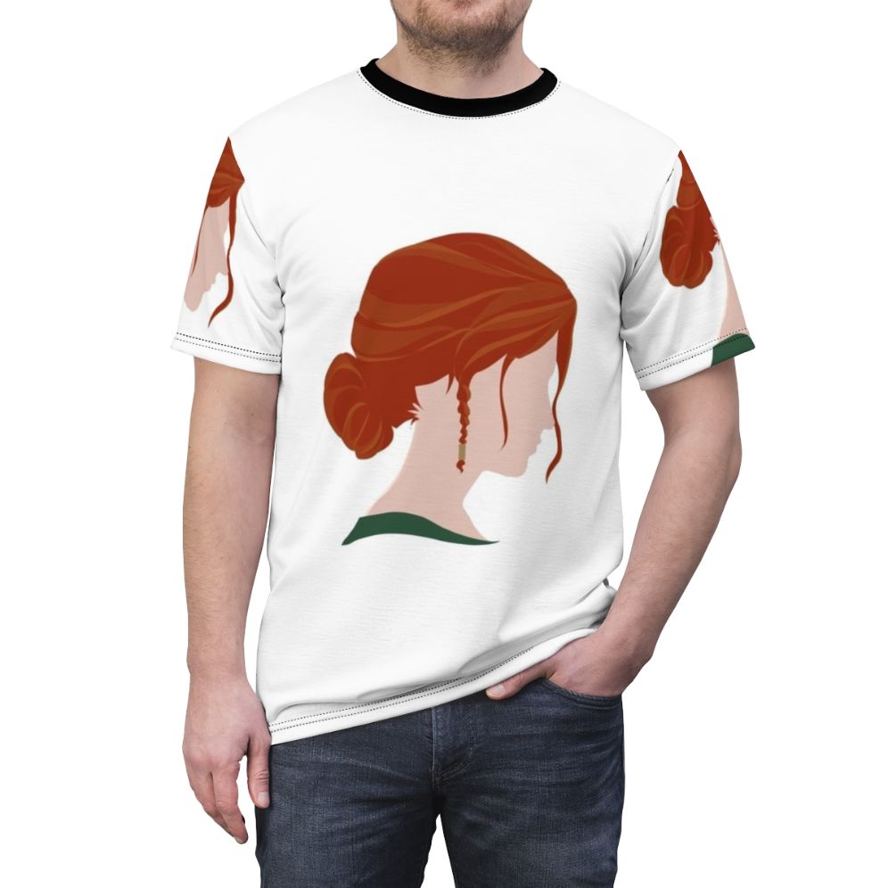 A high-quality all-over print t-shirt featuring the character Triss Merigold from the fantasy video game series The Witcher. - men front