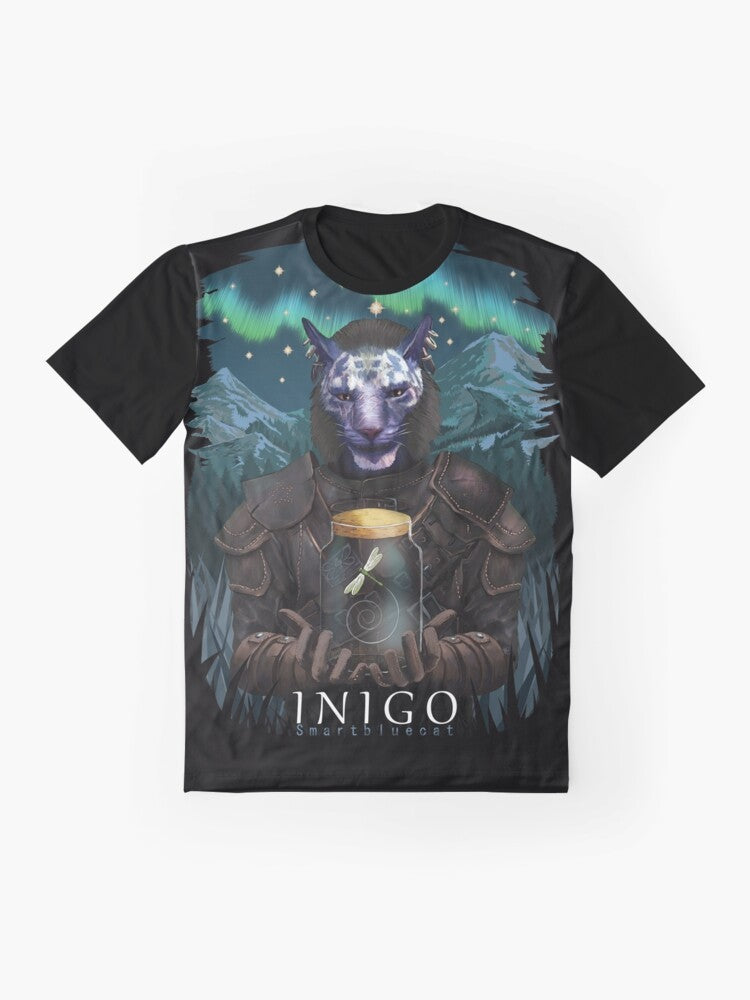 Inigo and Mr Dragonfly, a Skyrim-inspired graphic t-shirt featuring the popular mod characters - Flat lay