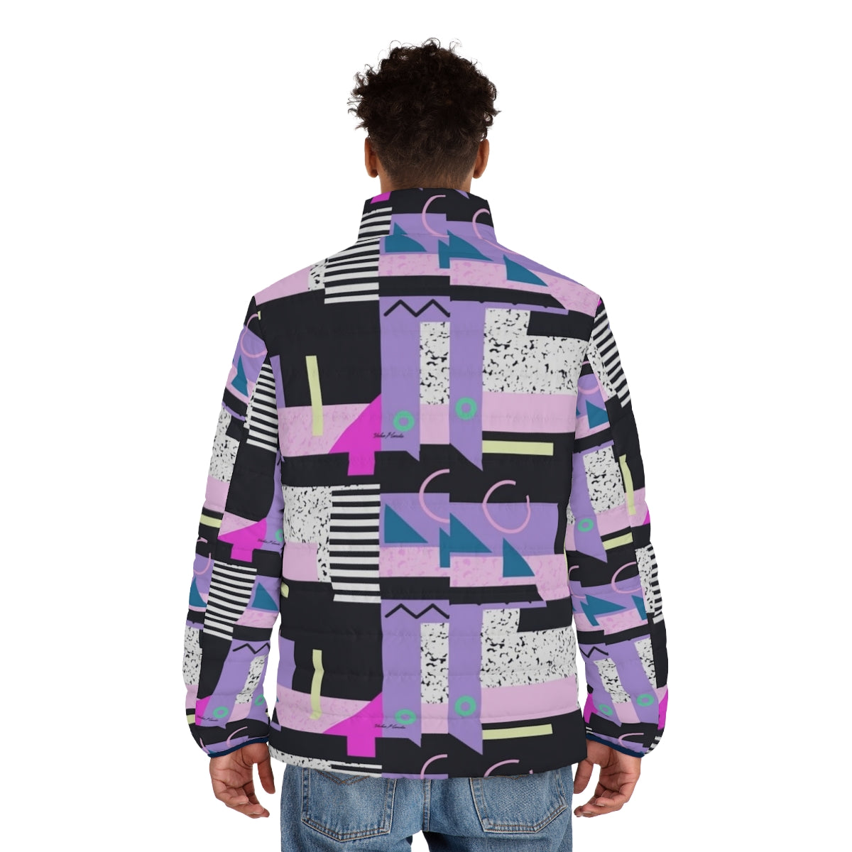 Aesthetic 90s vaporwave-inspired puffer jacket with repeating pattern design - men back