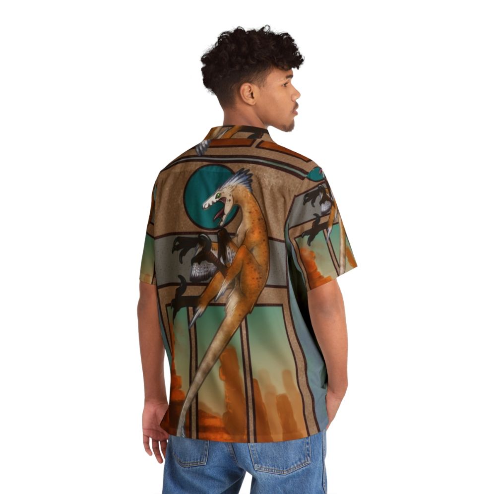 Velociraptor Nouveau Hawaiian Shirt featuring a feathered dinosaur design - People Back