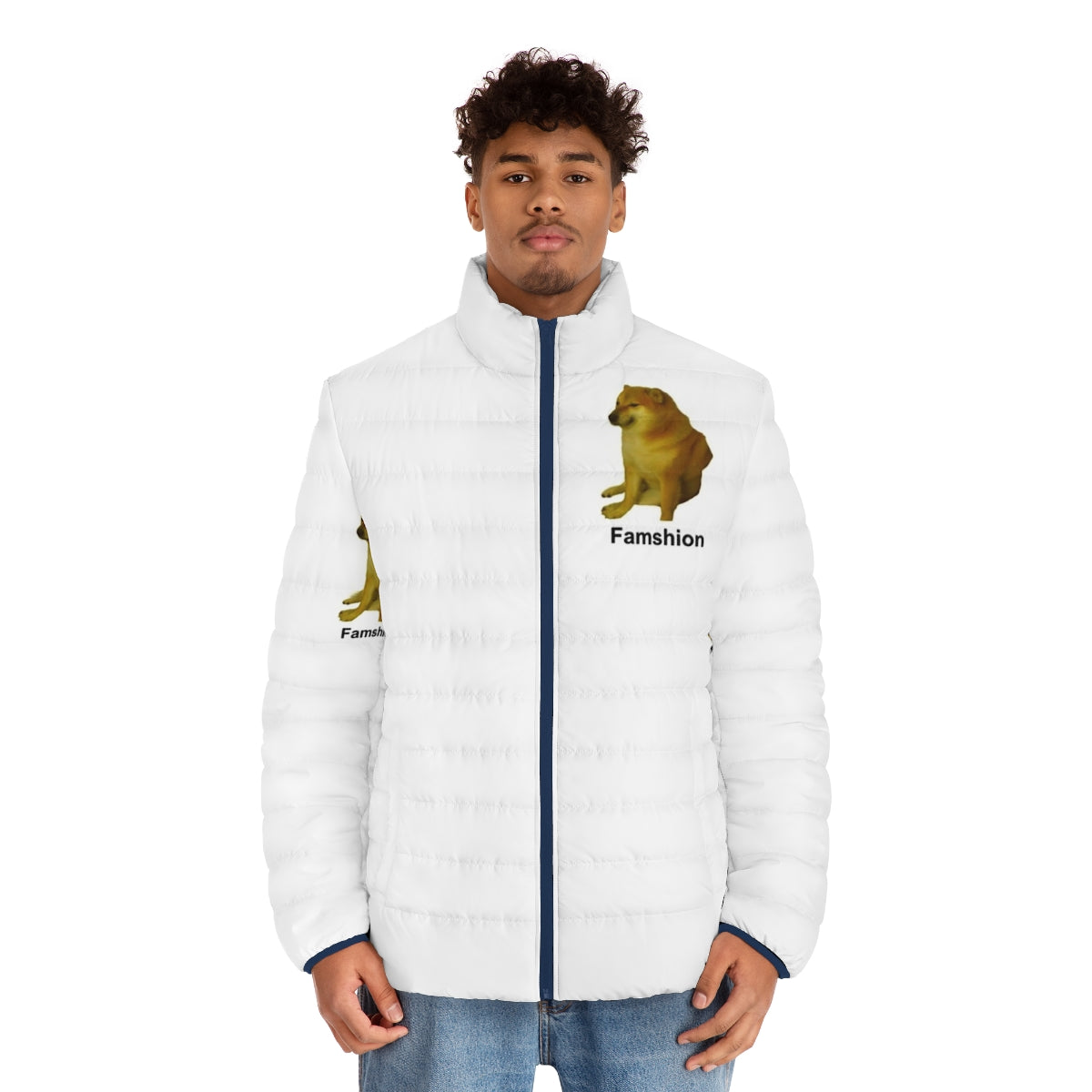 Cheems Puffer Jacket featuring a cute Shiba Inu dog meme - men front