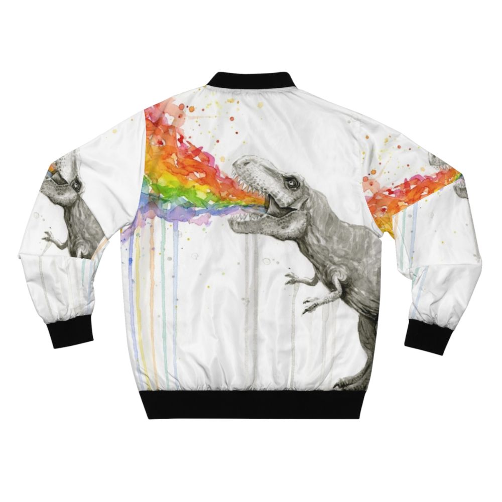 Whimsical t-rex dinosaur wearing a colorful rainbow watercolor bomber jacket - Back