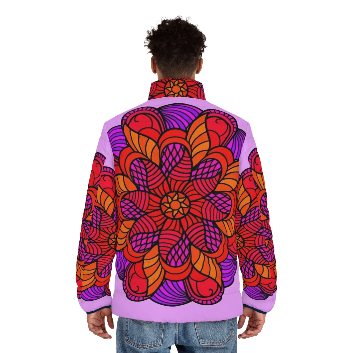 Colorful mandala pattern puffer jacket for women - men back