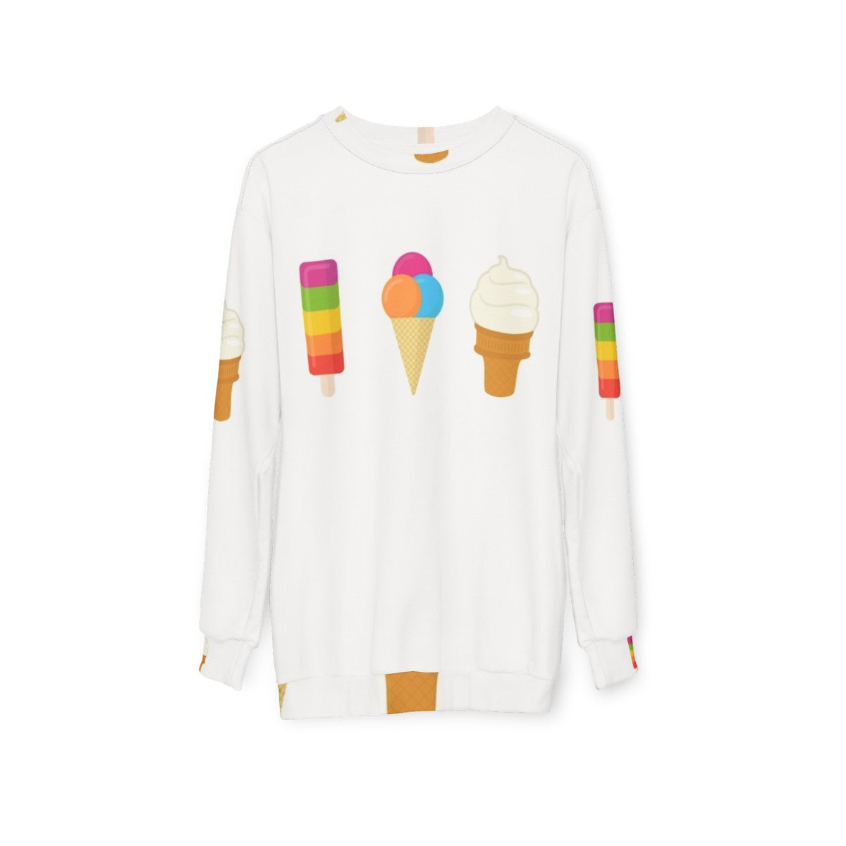 Colorful ice cream sweatshirt with popsicle, cone, and lolly pop graphics - hanging