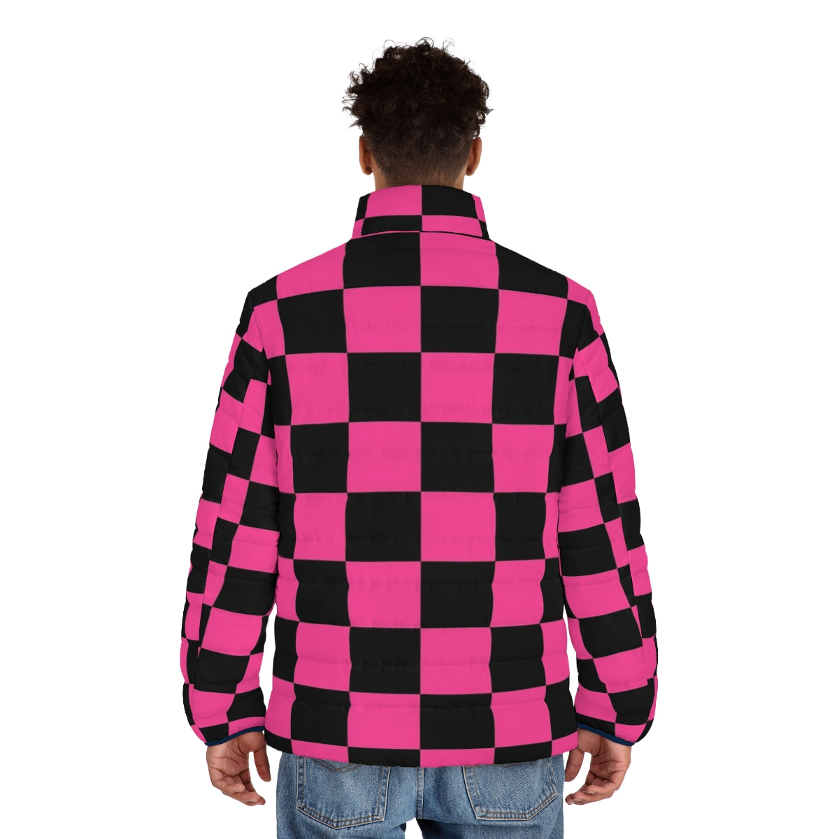 Black and pink checkerboard pattern puffer jacket for women - men back