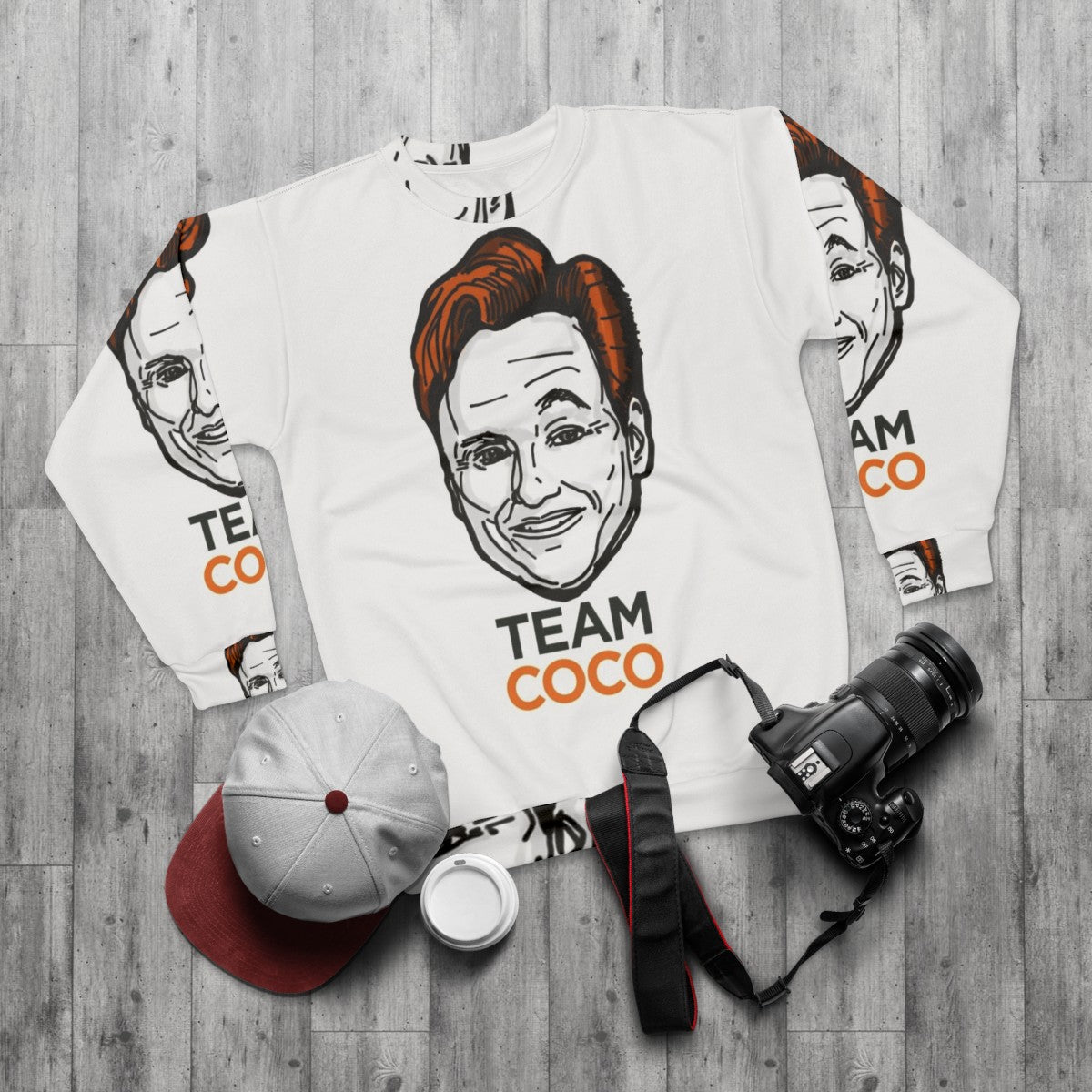 Conan O'Brien Team Coco Smiles Eyebrows Sweatshirt - flat lay