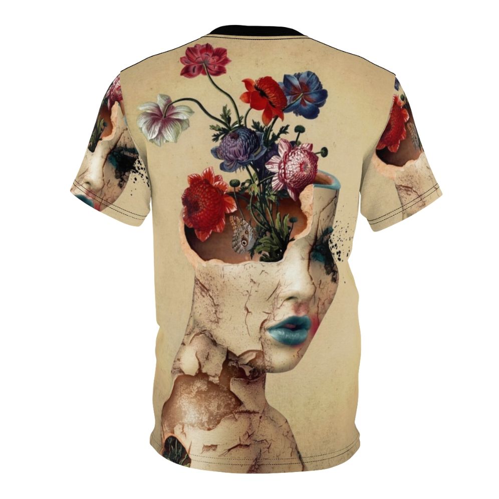 Vintage floral digital art design featuring a woman, flowers, and a butterfly on a t-shirt. - Back