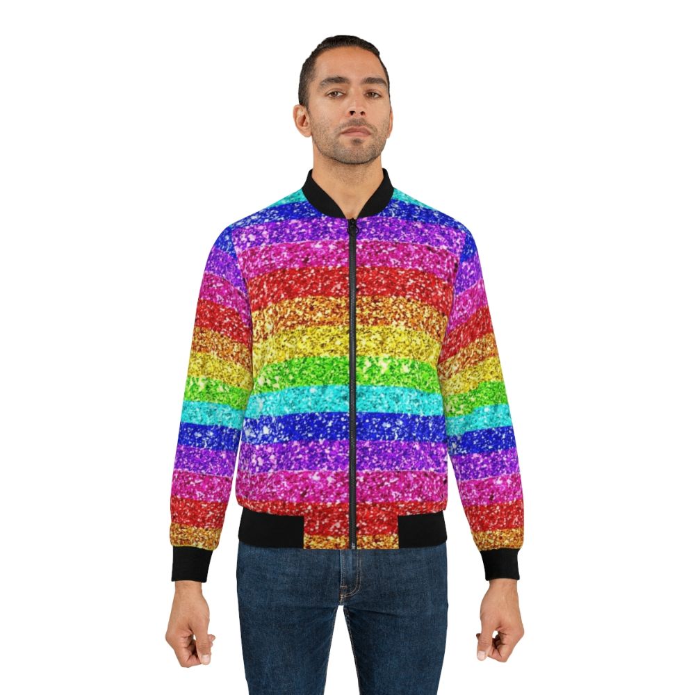 A vibrant, sparkling rainbow glitter bomber jacket for Pride and LGBTQ+ celebrations. - Lifestyle