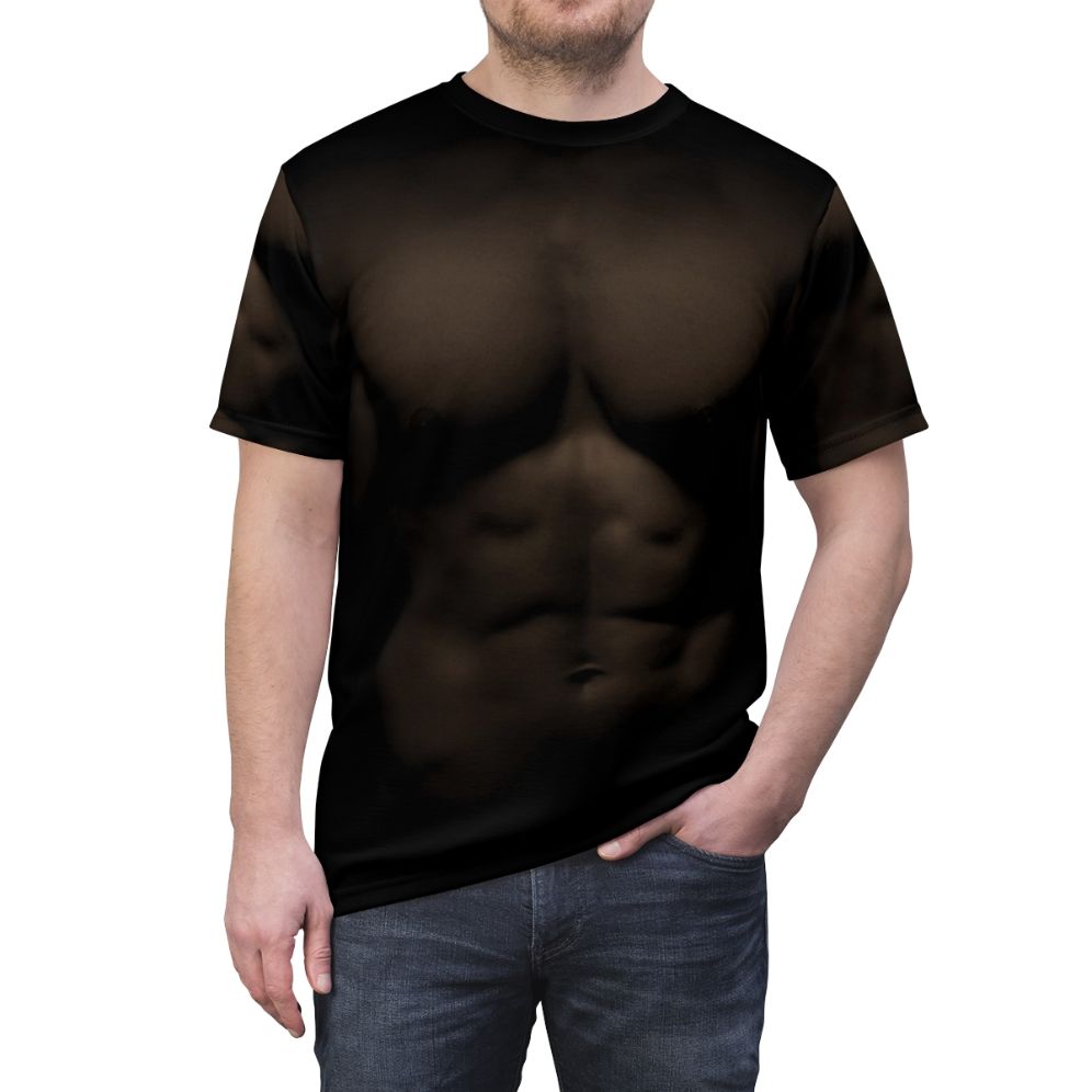 A muscular, shirtless man with a chiseled physique wearing a t-shirt - men front