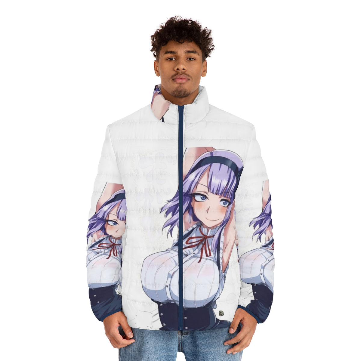 Dagashi Kashi Hotaru anime puffer jacket with vibrant anime design - men front