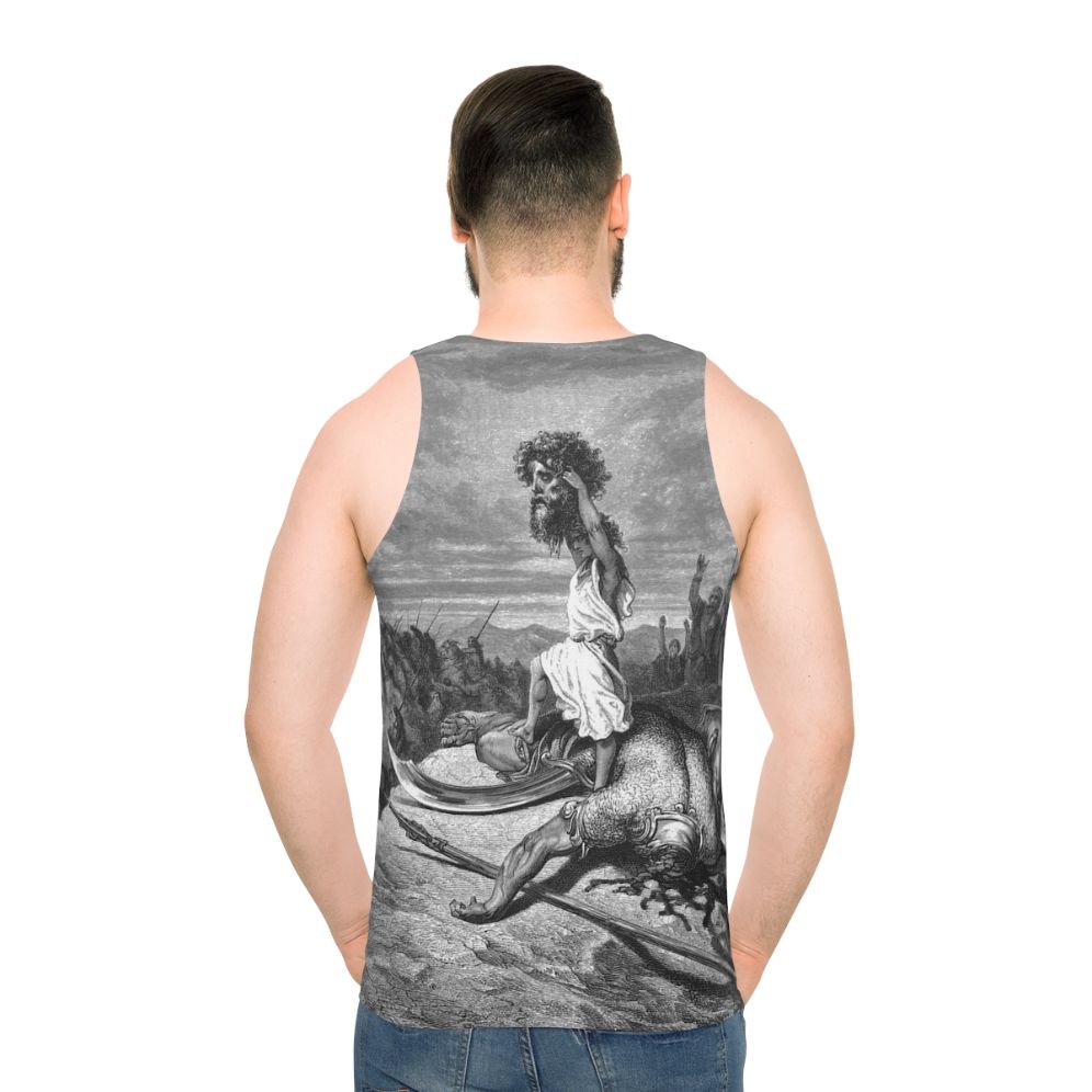 Unisex tank top featuring Davide E Golia biblical history artwork - men back