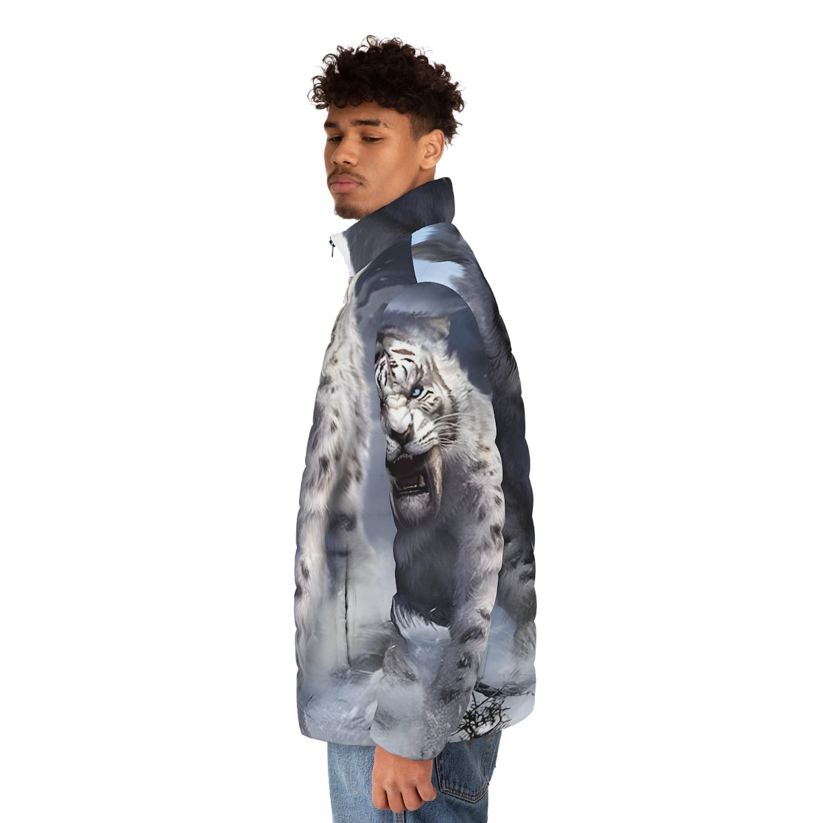 White sabertooth tiger puffer jacket with realistic animal print design - men side left