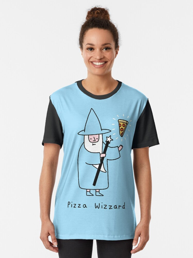 Pizza Wizard Graphic T-Shirt featuring a whimsical design of a wizard with pizza elements - Women