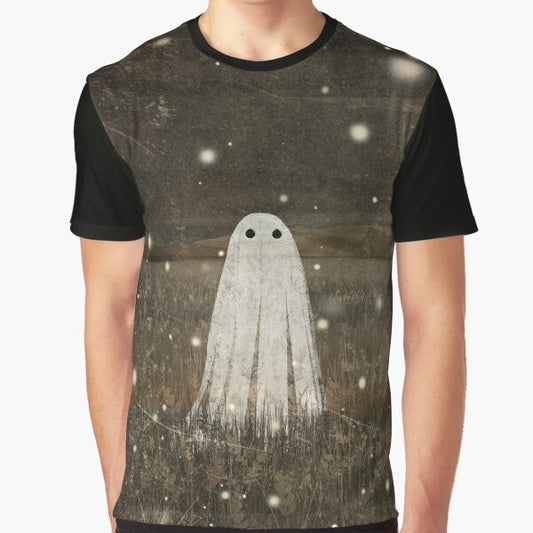 Vintage-style graphic t-shirt featuring glowing fireflies or lightning bugs against a dark, haunted background