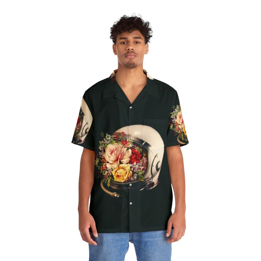 Celestial Bloom Hawaiian Shirt with Astronaut and Galaxy Design - People Front