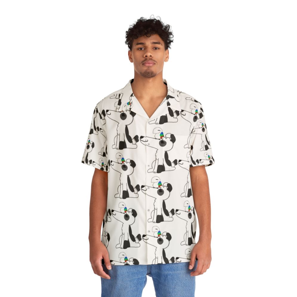 Vibrant Hawaiian shirt with dog and bird print design - People Front