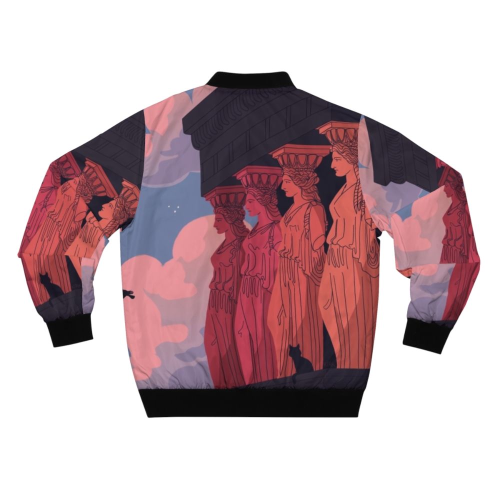 Bomber jacket featuring a landscape design with caryatids, ancient Greek architectural elements, against a dusk sky background - Back