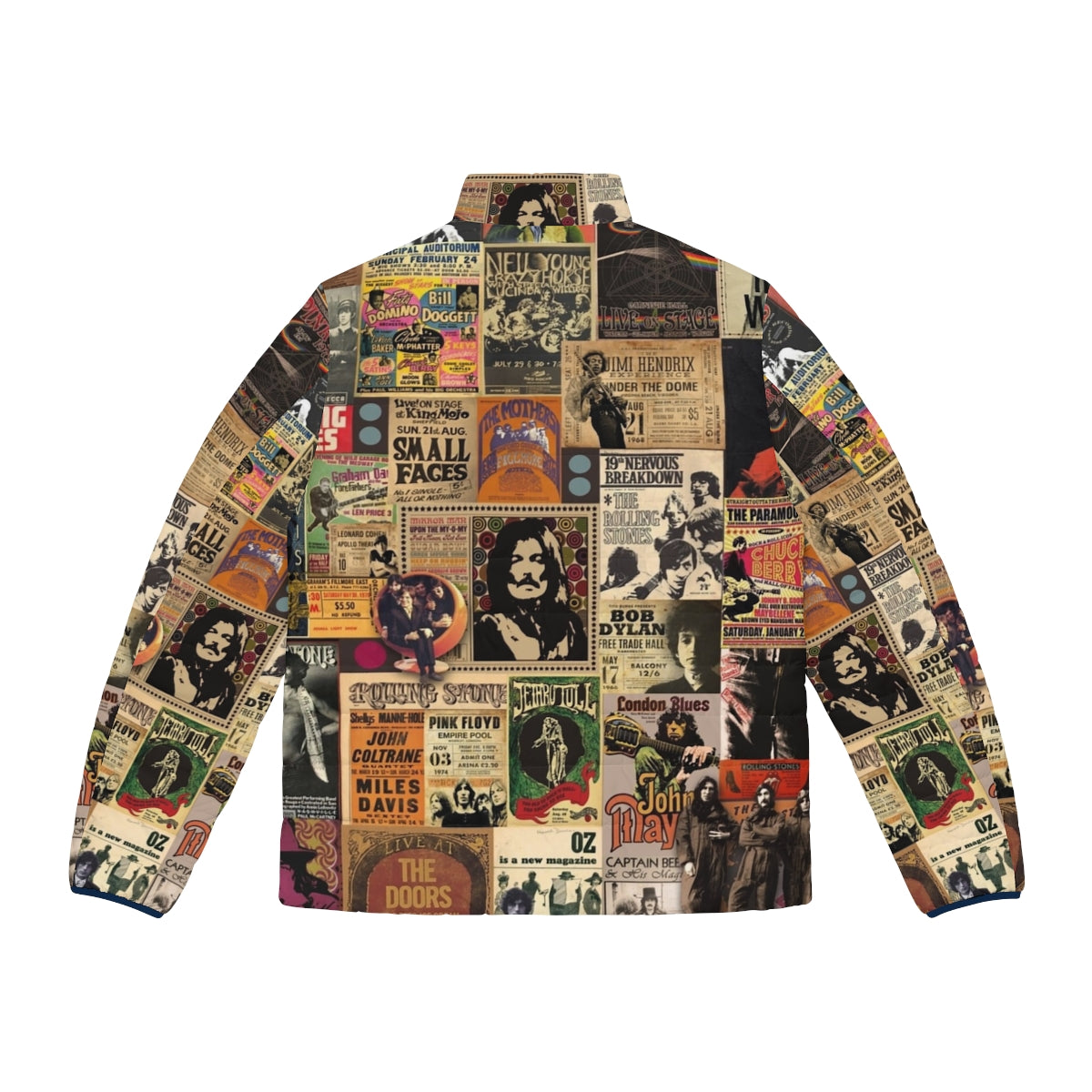 Rock and roll puffer jacket featuring a collage of vintage music legends - Back