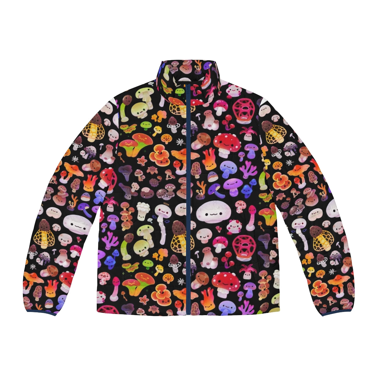 Mushroom-patterned puffer jacket in an outdoor, nature-inspired design