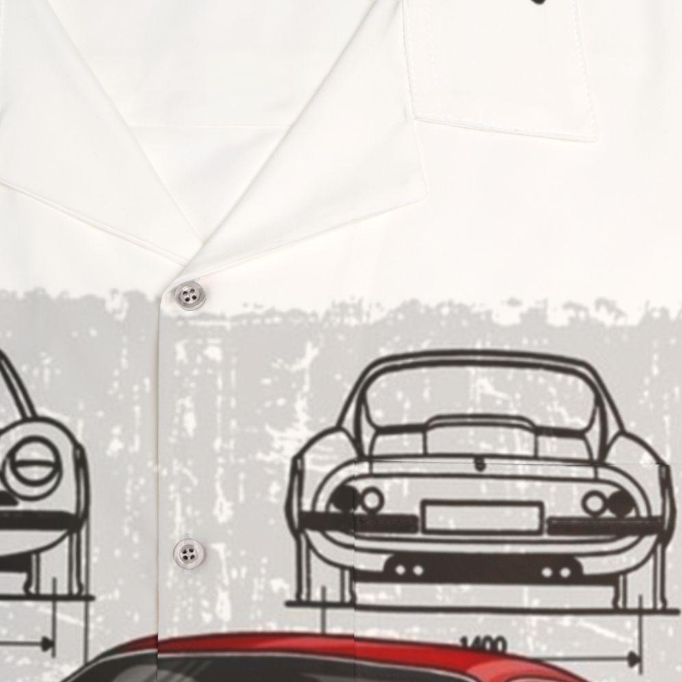 Illustration of the classic Ferrari Dino 206 GTB sports car on a Hawaiian shirt - Detail