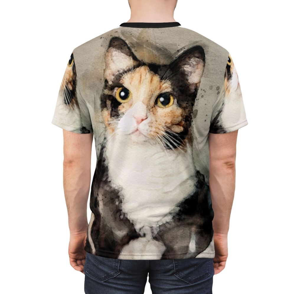 Watercolor painting of a calico cat on a t-shirt - men back