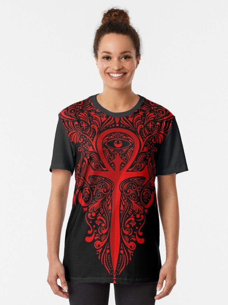 Vampire the Masquerade Graphic T-Shirt featuring an ankh and gothic design - Women