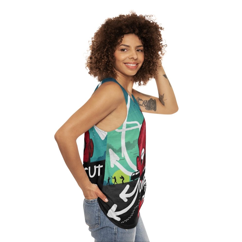 One Cut of the Dead unisex tank top featuring a zombies parody design - women side