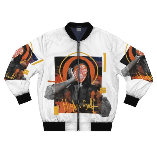 Higher Self Abstract Digital Collage Bomber Jacket featuring an orange and heart-themed design