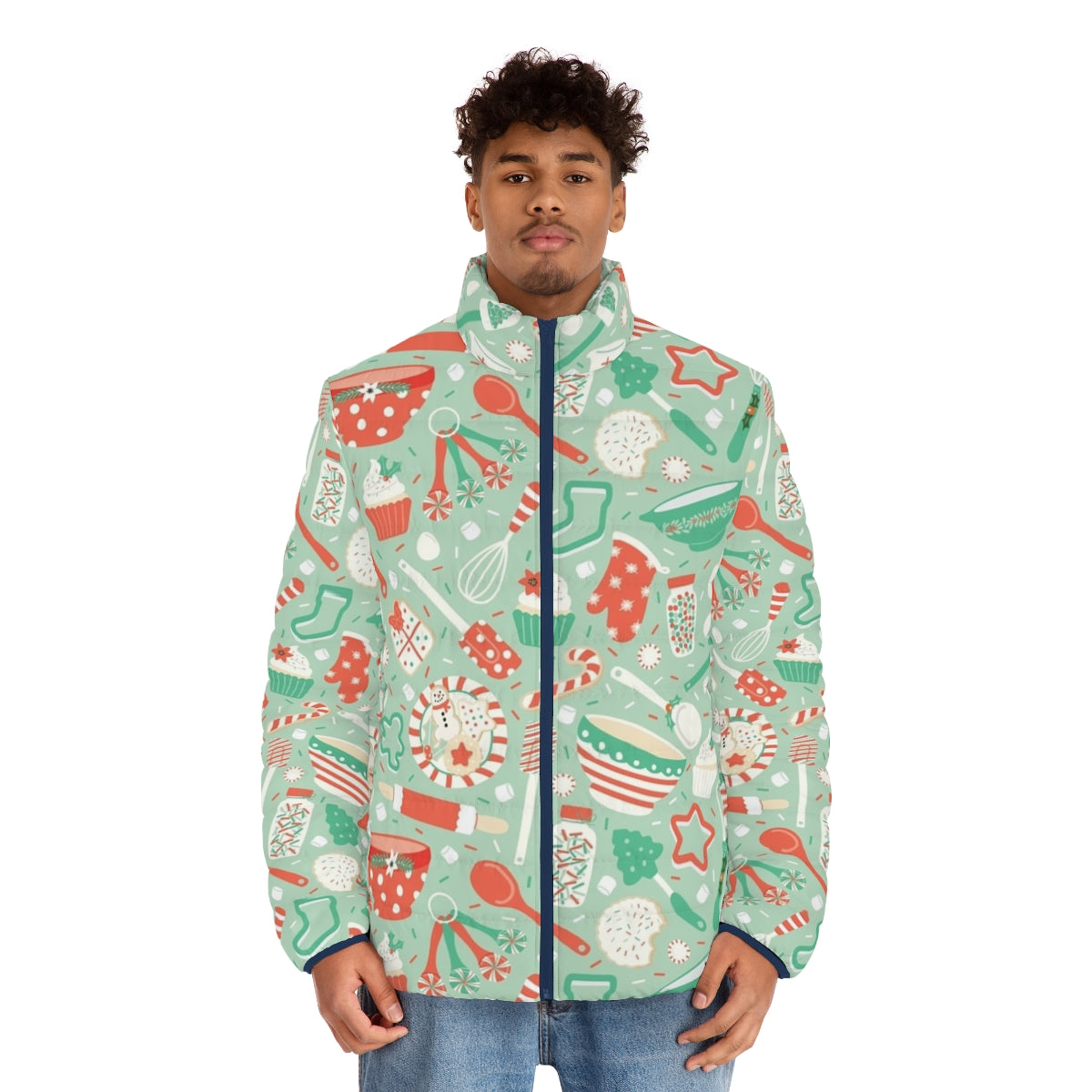 Christmas baking puffer jacket with festive holiday patterns and designs - men front