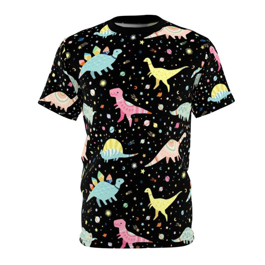 Vibrant dinosaur pattern printed on a high-quality t-shirt for kids