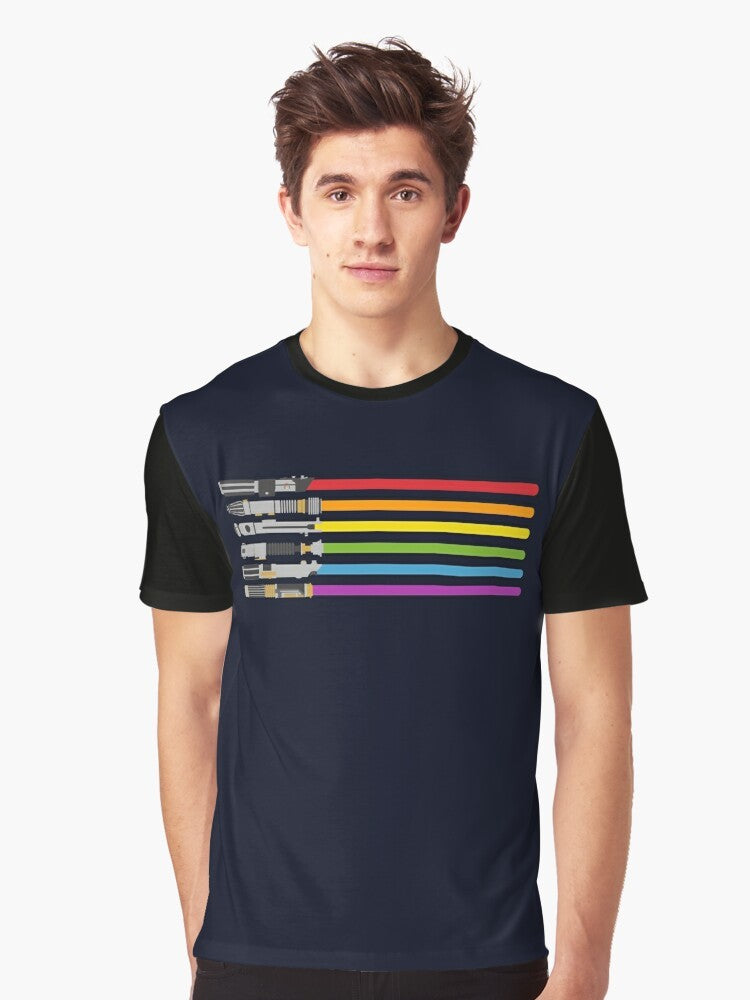 A vibrant graphic t-shirt featuring a rainbow of lightsabers from the Star Wars universe, representing LGBTQ+ pride. - Men