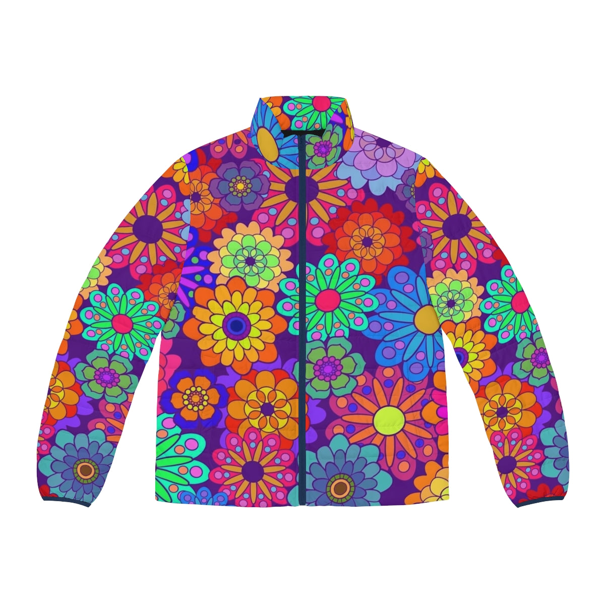 Colorful retro-style puffer jacket with flower power floral design