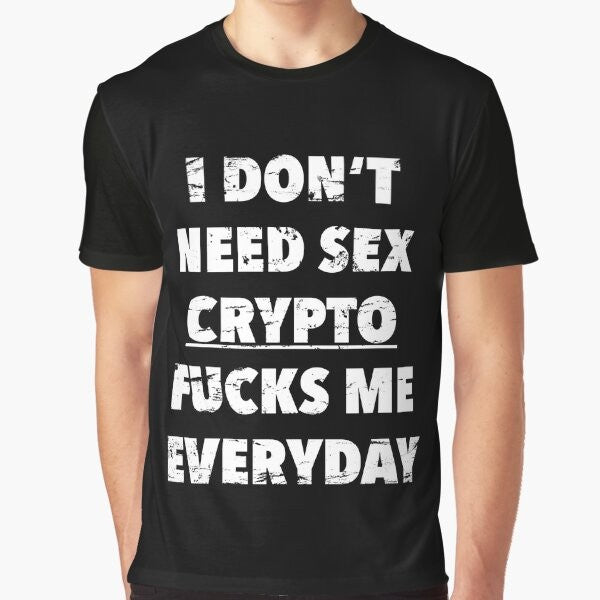 Vintage style graphic t-shirt with the text "Crypto Fucks Me Everyday" - a humorous and satirical take on the cryptocurrency industry.