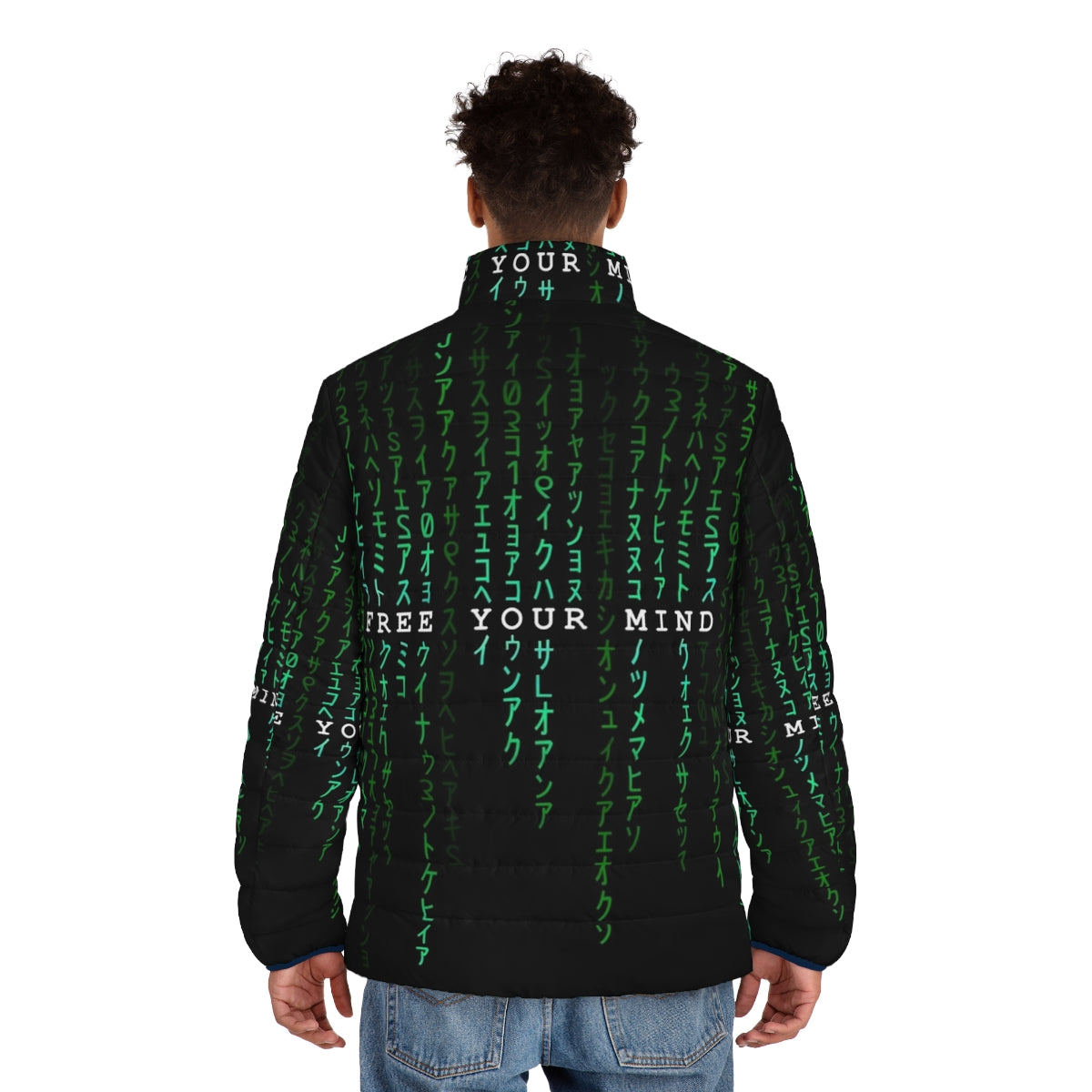 A puffer jacket with a matrix-inspired "free your mind" design and digital rain pattern - men back