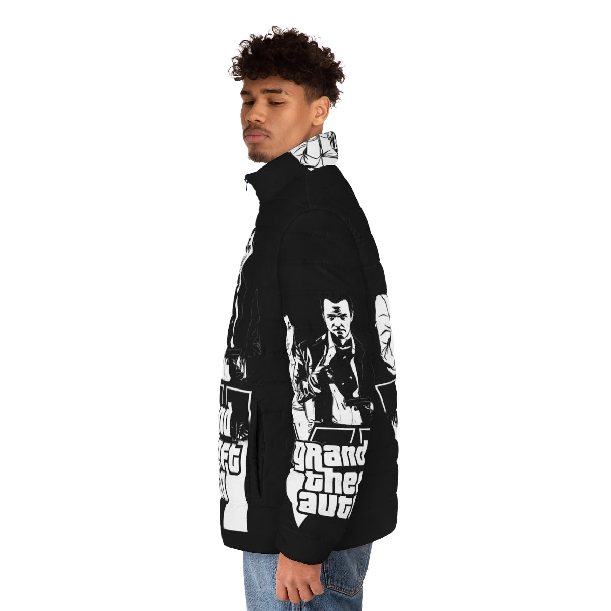 Grand Theft Auto inspired puffer jacket featuring classic gaming graphics and nostalgia - men side left