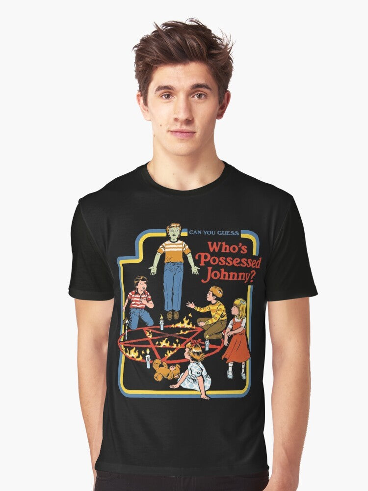 Retro graphic t-shirt with "Who's Possessed Johnny?" parody design in vintage 70s/80s style, featuring occult, demon, and horror elements. - Men